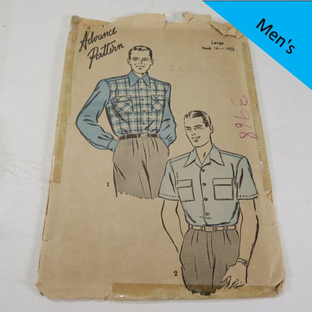 Advance 3968 Clothing Pattern Men's Shirt 16-16.5 neck 1940s Complete